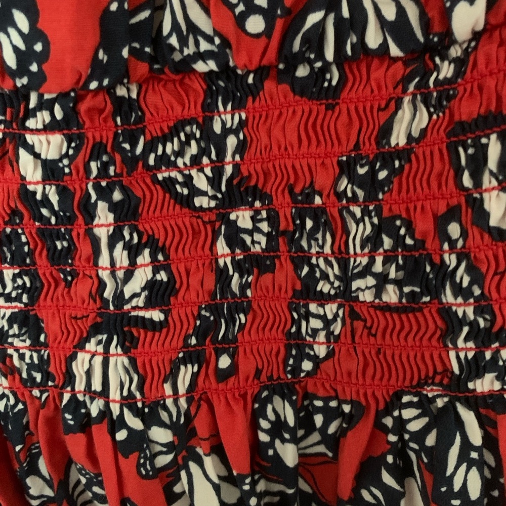 Kate Spade Butterfly Print Red Smocked Dress with Side Pockets - Picture 5 of 10